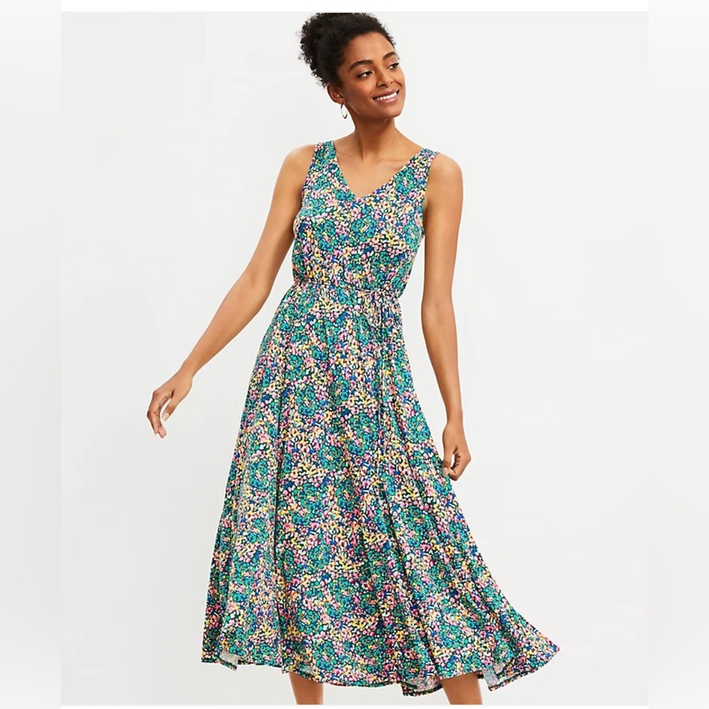 Loft Floral Midi dress with tie waist and v neck and back